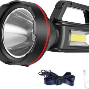 Rechargeable Spotlight Flashlight, High Lumens Handheld Spotlight,LED Searchlight with Shoulder Strap and USB Output for During Hurricane,Emergency, Storms, Outages,Hunting, Hiking, Camping(Black1)