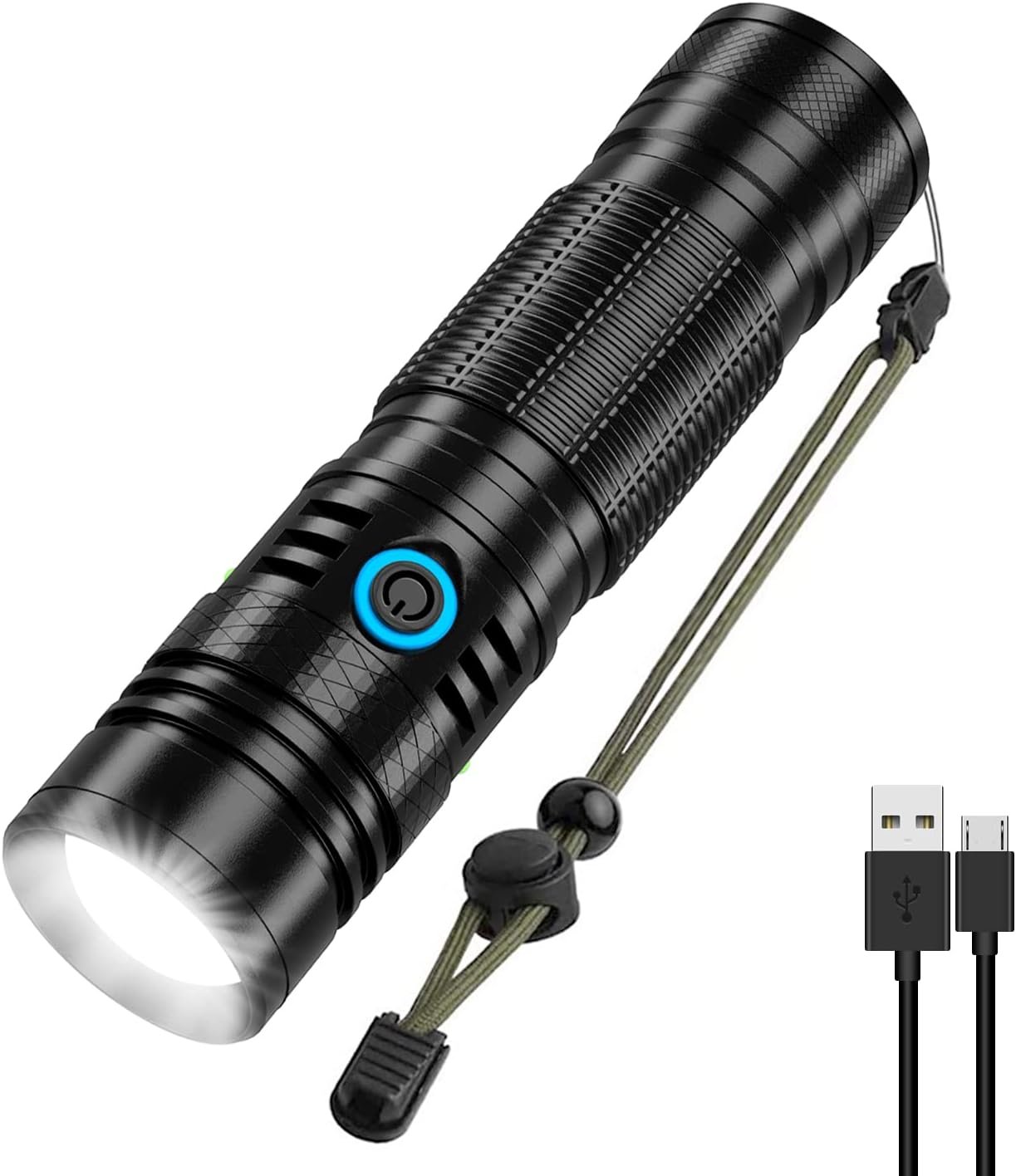 Rechargeable LED Flashlight, 1200 Lumens, 5000mAh Battery, USB Rechargeable, Waterproof, Handheld, Tactical, 4 Modes