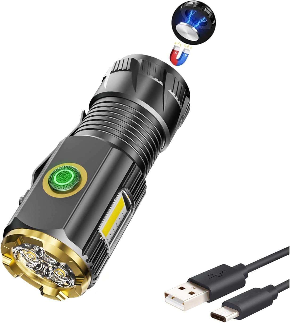 Mini LED Flashlight with Magnetic Base and Side Clip, 6 Modes, high Lumen, USB Rechargeable, IPX6 Waterproof, Best Small Flashlight for Camping, Repair and Emergencies