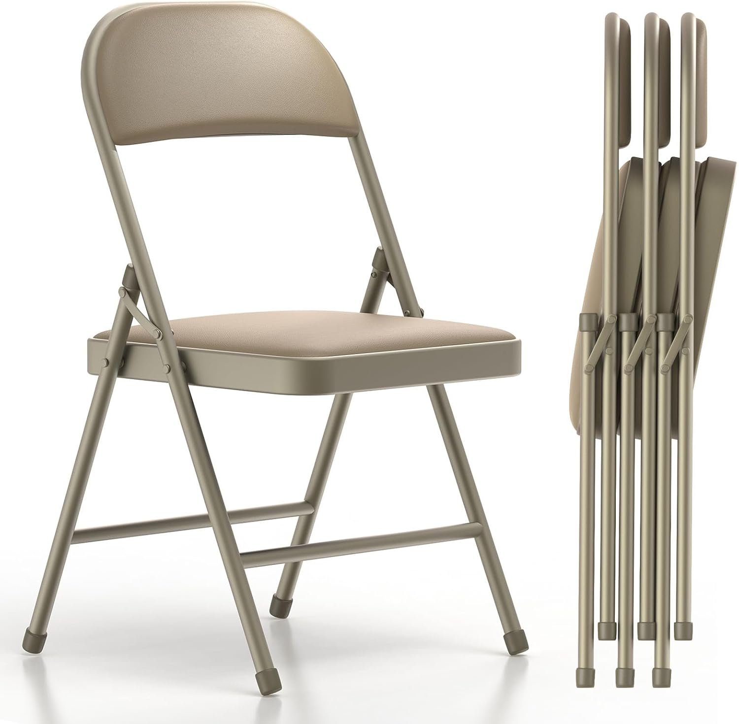 4 Pack Folding Chairs with Padded Cushion and Back, Khaki Metal Chairs with Comfortable Cushion for Home and Office, for Indoor and Outdoor Events (Kahki, 4 Pack)