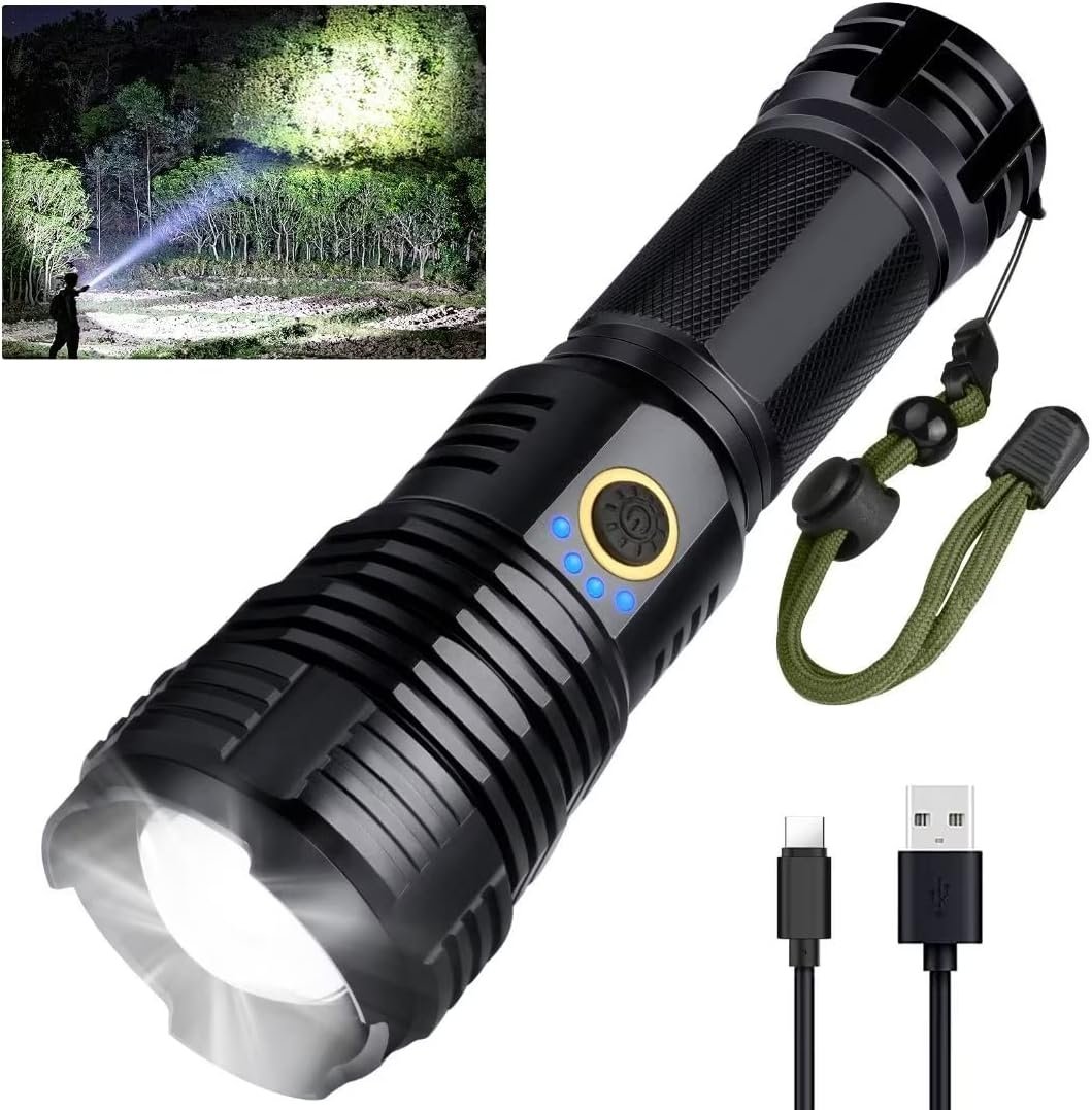 Rechargeable LED Flashlights, 990000 High Lumens Flashlight, XHP70 Tactical Flashlight with Zoomable, 5 Modes, Super Bright Waterproof Flashlights for Emergencies, Camping, Hiking, Home