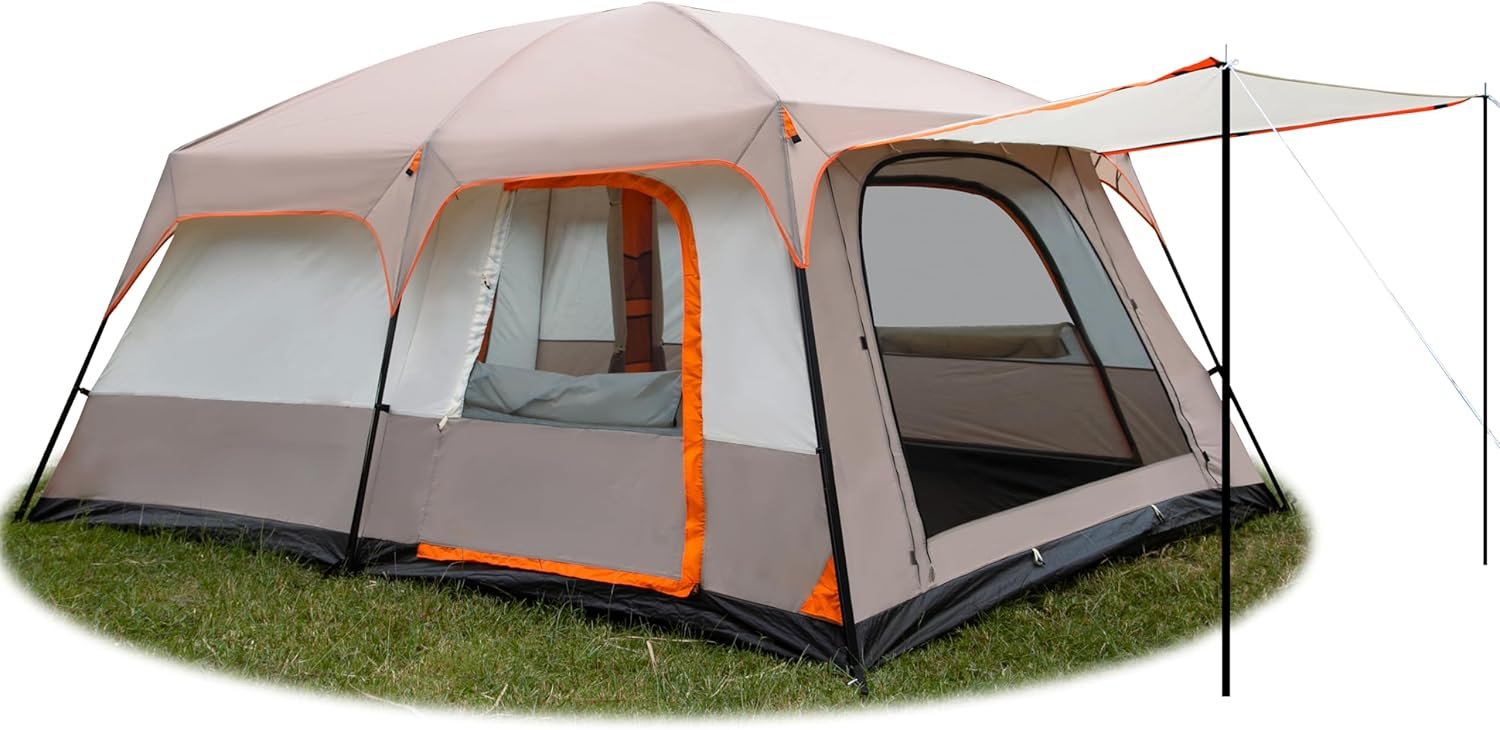 Extra Large Tent 6-10-12 Person(A),Family Cabin Tents,2 Rooms,3 Doors and 3 Windows with Mesh,Straight Wall,Waterproof,Double Layer,Big Tent for Outdoor,Picnic,Camping,Family Gathering