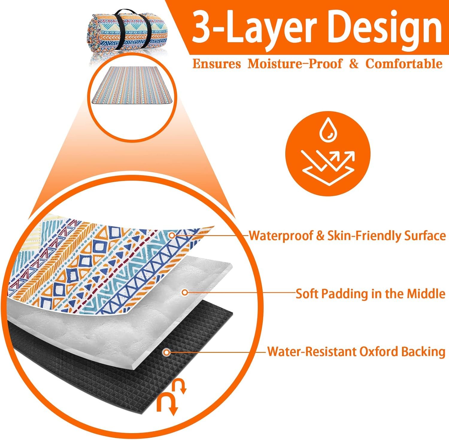 Picnic Blankets Extra Large, Waterproof Foldable Outdoor Beach Blanket Oversized 83x79” Sandproof, 3-Layer Picnic Mat for Camping, Hiking, Travel, Park, Concerts(Orange Boho) - Image 2
