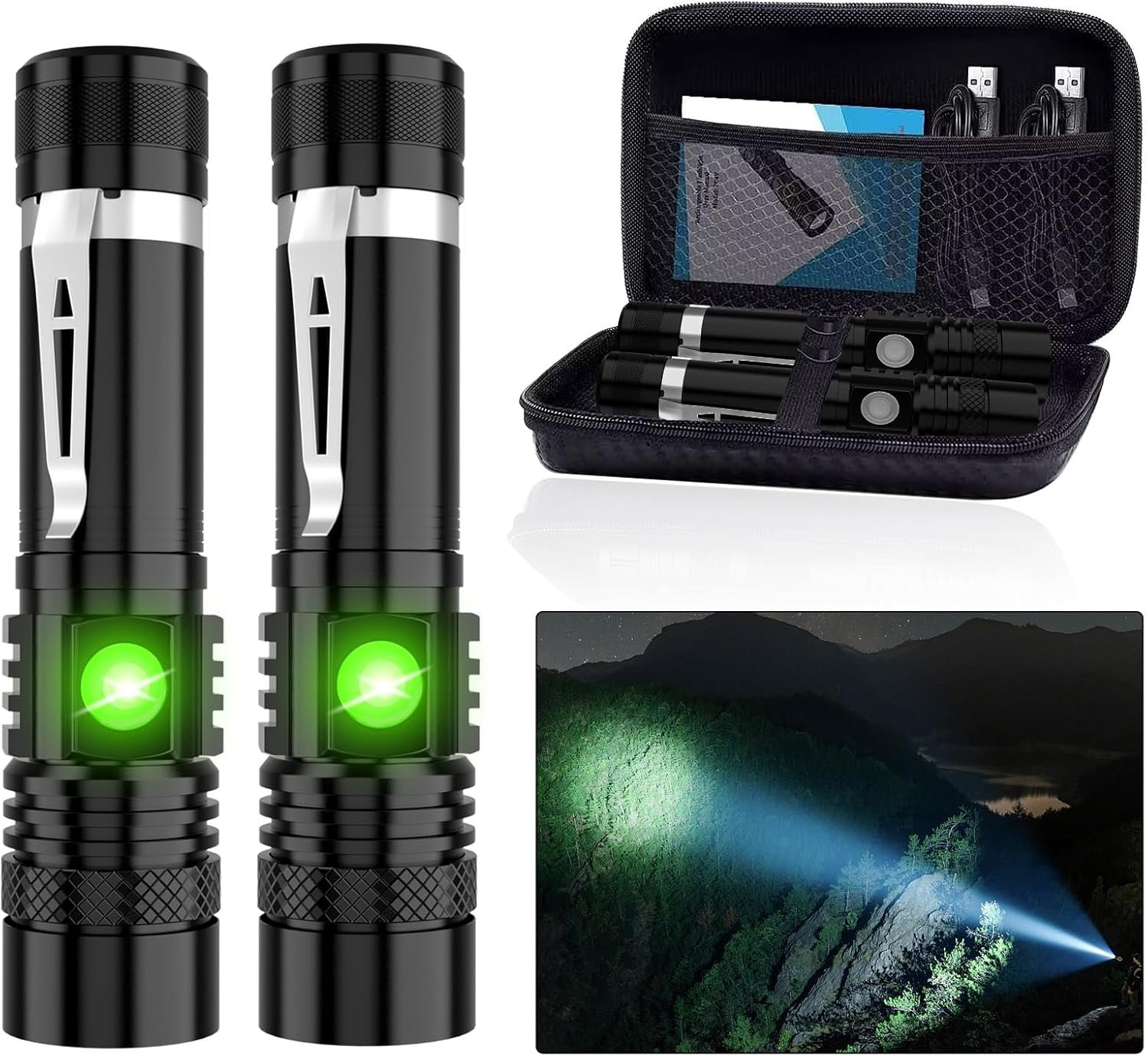 LED Tactical Flashlight Rechargeable, IPX6 Waterproof Flashlight, 2000lm, Super Bright LED, Zoomable, Pocket-size Small LED Flashlight for Hiking, Camping, Emergency - with Carry Case
