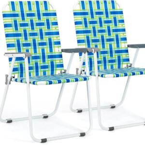 Patio Lawn Webbed Folding Chairs Set of 2, Outdoor Beach Portable Lawn Chair Camping Chair Beach Chair for Yard, Garden Dining (Blue, Classic)