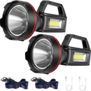 Rechargeable Spotlight Flashlight, High Lumens Handheld Spotlight,LED Searchlight with Shoulder Strap and USB Output for During Hurricane,Emergency, Storms,Hunting , Hiking, Camping(Black Pack of 2)