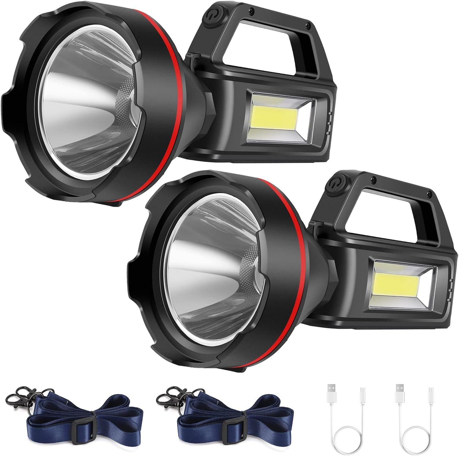 Rechargeable Spotlight Flashlight, High Lumens Handheld Spotlight,LED Searchlight with Shoulder Strap and USB Output for During Hurricane,Emergency, Storms,Hunting , Hiking, Camping(Black Pack of 2)