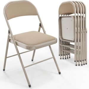 Folding Chairs with Padded Seats, Metal Frame with Fabric Seat & Back, Capacity 350 lbs, Khaki, Set of 6