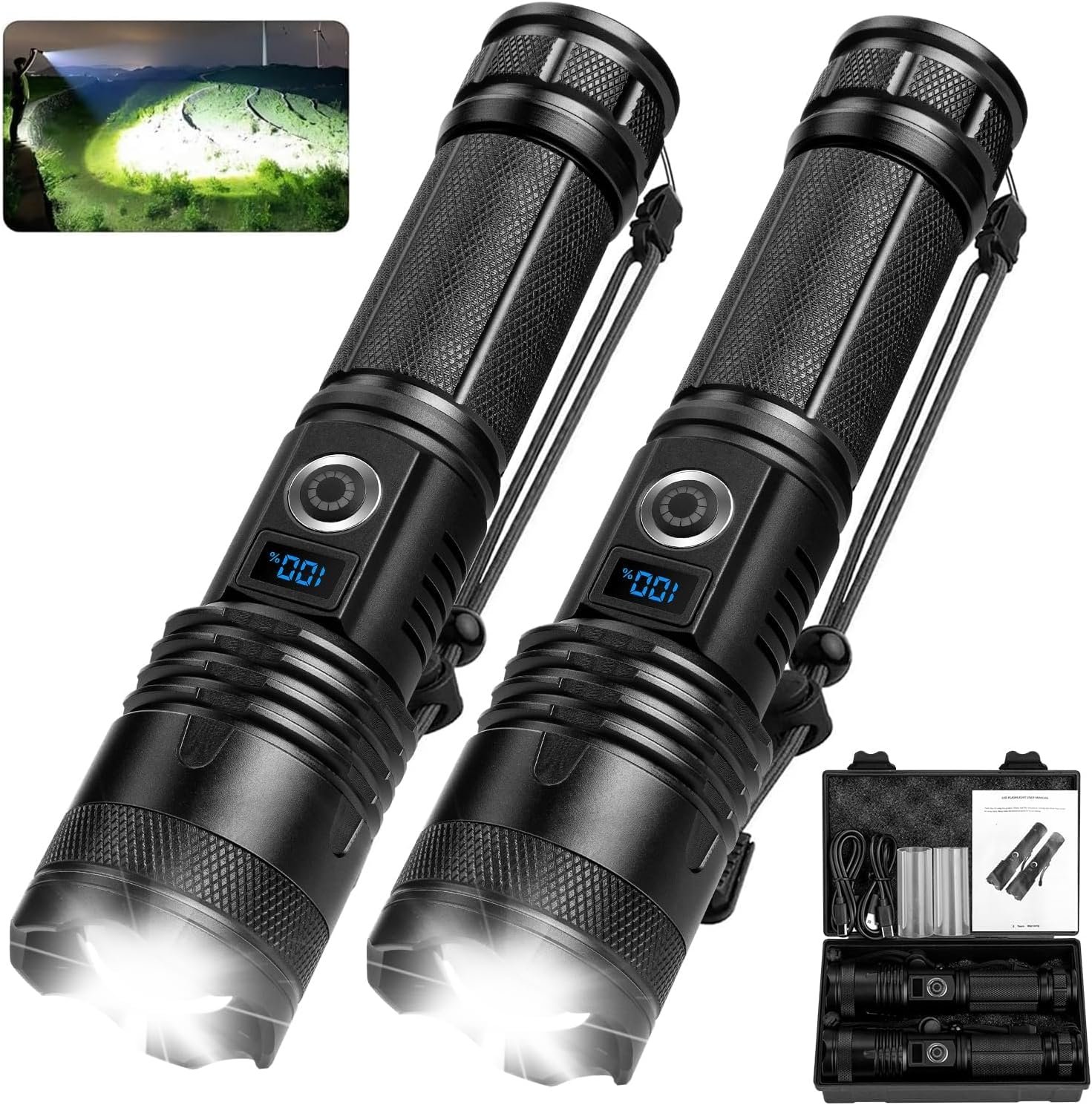 Flashlights High Lumens Rechargeable 2 Pack,990000 Lumens Super Bright FlashLight, Powerful Led Flashlight with 5 Modes & IPX6 Waterproof, Brightest Handheld Flashlights for Home, Camping, Hiking