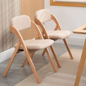 Folding Chairs with Padded Seats, Wooden Stackable Dining Chairs Set of 2 with Removable Cover Folding Extra Chair for Guests Kitchen Office Wedding Party Picnic, Khaki