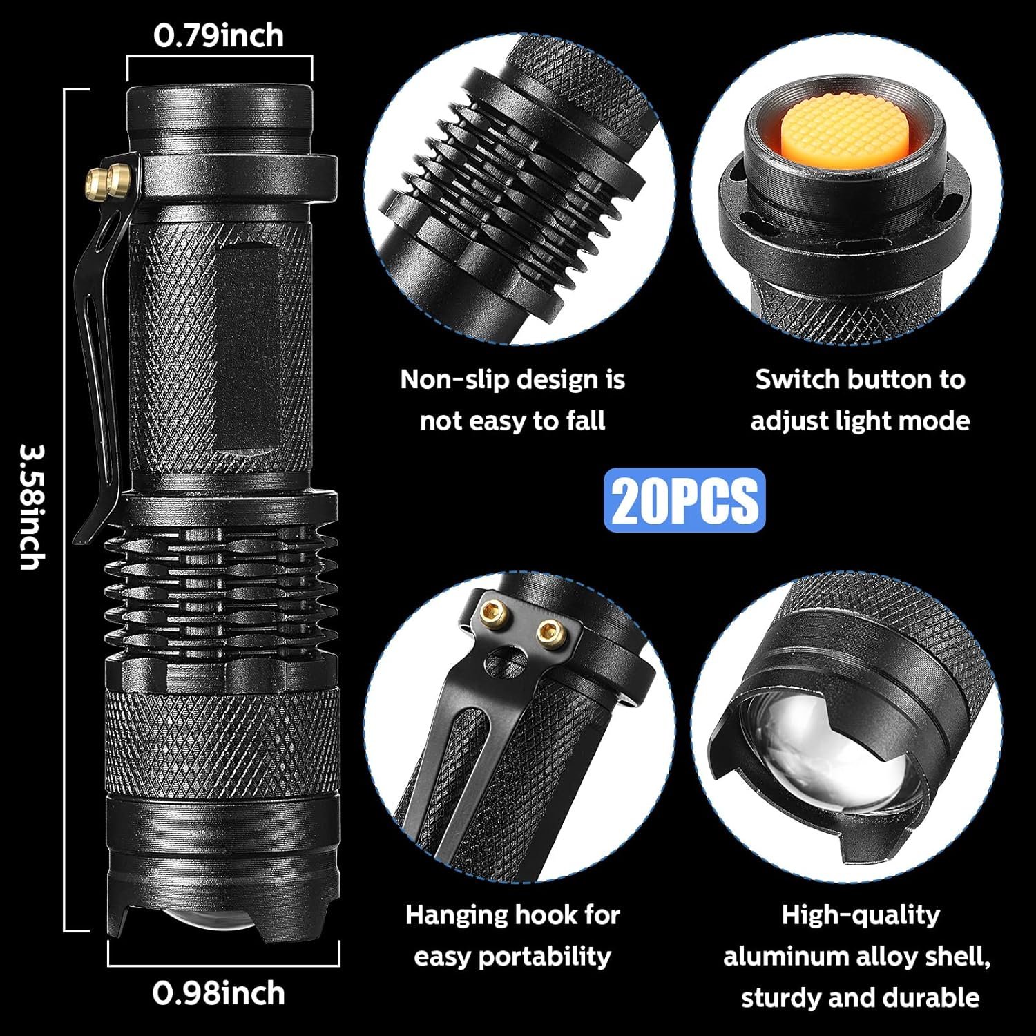 20 Pieces LED Flashlight Torch Mini 3 Mode Tactical Flashlights Small Water Resistant Pocket Flash Light Tactical Lamp Adjustable Focus Zoomable Light Pen Flashlight for Indoor Outdoor Hiking (Black) - Image 2