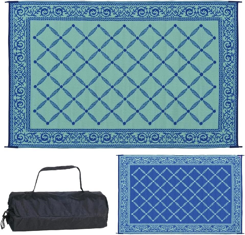 116093 6-feet by 9-feet Reversible Mat, Plastic Straw Rug, Large Floor Mat for Outdoors, RV, Patio, Backyard, Picnic, Beach, Camping (Blue/Light-Green)